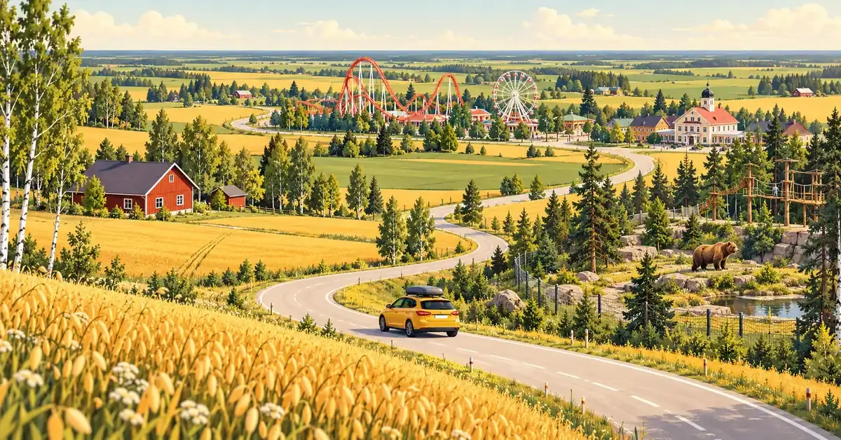Kesäinen kuvitus Etelä-Pohjanmaan lakeuksilla mutkittelevasta tiestä, jonka varrella näkyvät huvipuisto, karhu eläinpuistossa ja puiden väliin rakennettu seikkailurata.