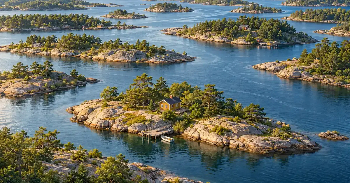 Kustavin saaristoa esittävä kuvitus, jossa kallioisia mäntysaaria, kesämökkejä ja soutuvene näkyy rauhallisen sinisen meren keskellä.
