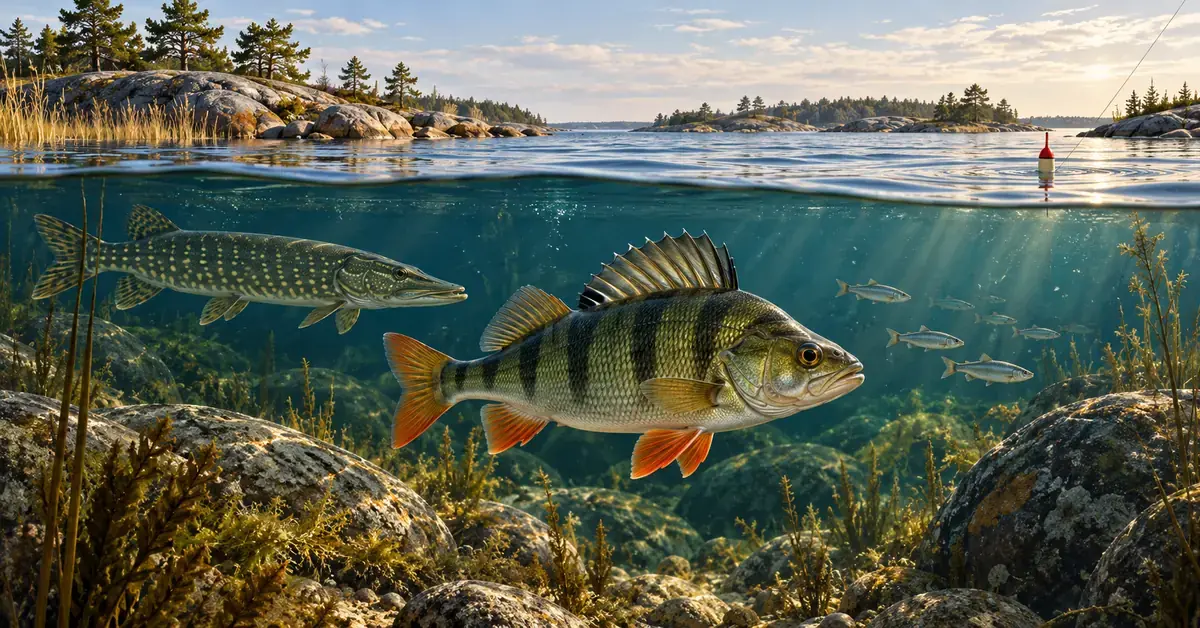 Ahven, hauki ja pienet hopeiset kalat uivat saaristovedessä, jonka pinnalla kelluu ongenkoho ja taustalla näkyy Länsi-Suomen kivikkoista mäntysaaristoa.