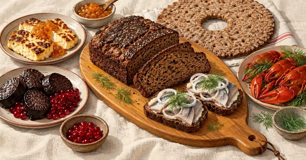 Kuvitus länsisuomalaisista herkuista: saaristolaisleipää, sillileipiä, reikäleipää, leipäjuustoa lakkahillolla, mustamakkaraa puolukoiden kera ja keitettyjä rapuja.