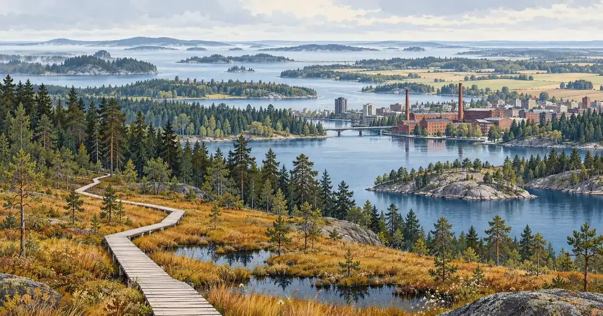 Kuvitus Länsi-Suomen maisemista, jossa pitkospuut kulkevat suon ja havumetsän halki ja taustalla näkyy vesistöjä, saaristoa, peltoja ja punatiilinen kaupunkiranta.