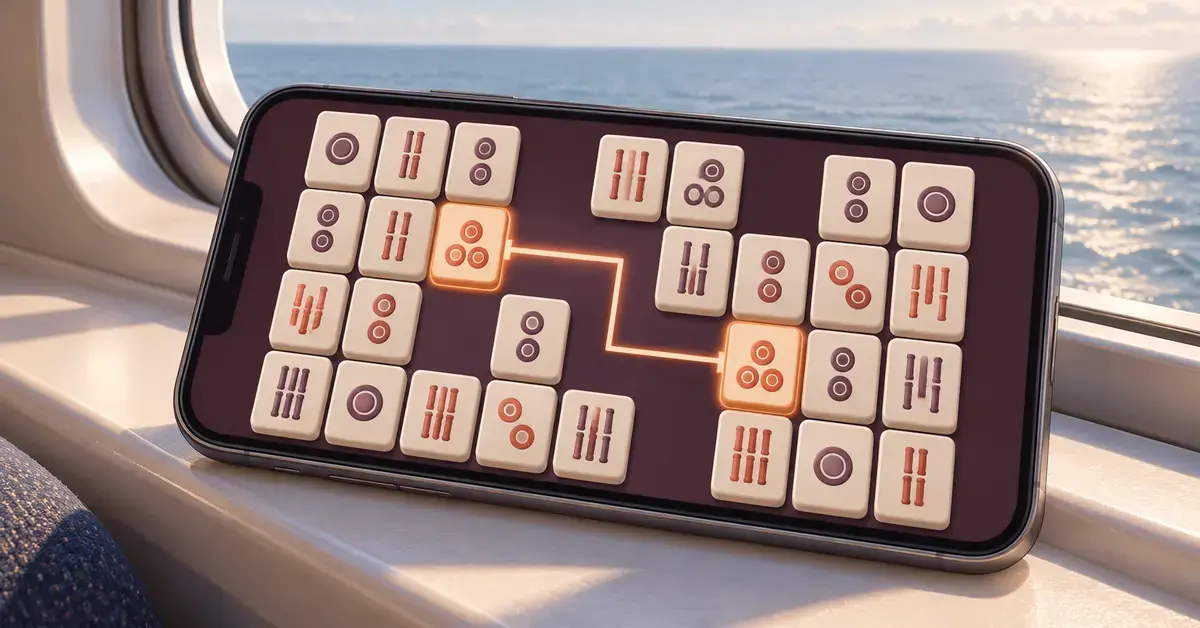Mahjong Connect -peli puhelimen näytöllä laivan ikkunan äärellä, ja kaksi samanlaista laattaa on yhdistetty oranssilla viivalla merimaiseman näkyessä taustalla.