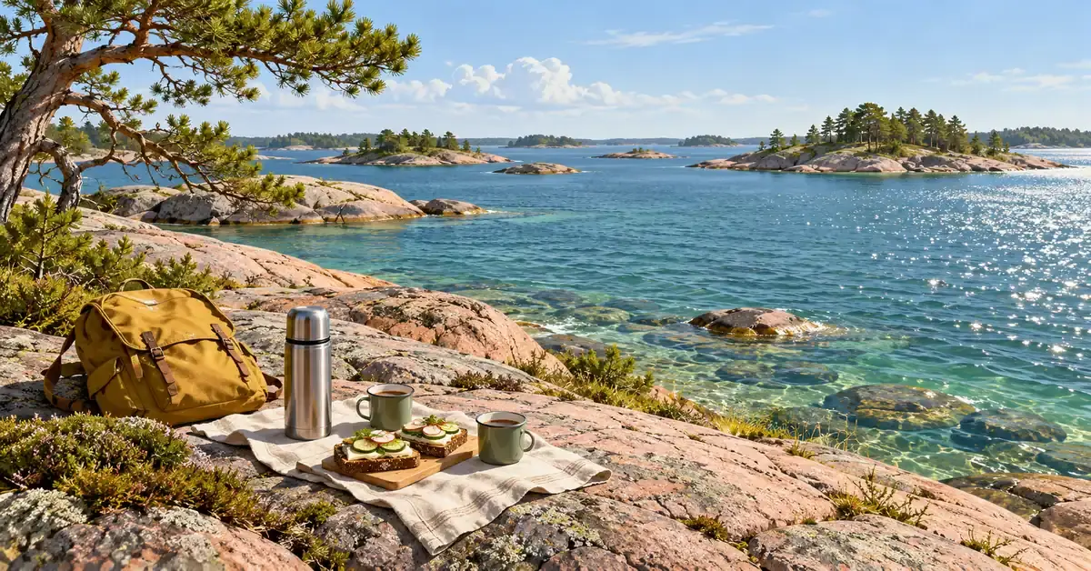Reppu, termospullo ja eväät aurinkoisella rantakalliolla, jonka takana avautuu Saaristomeren metsäisten saarten ja luotojen maisema.