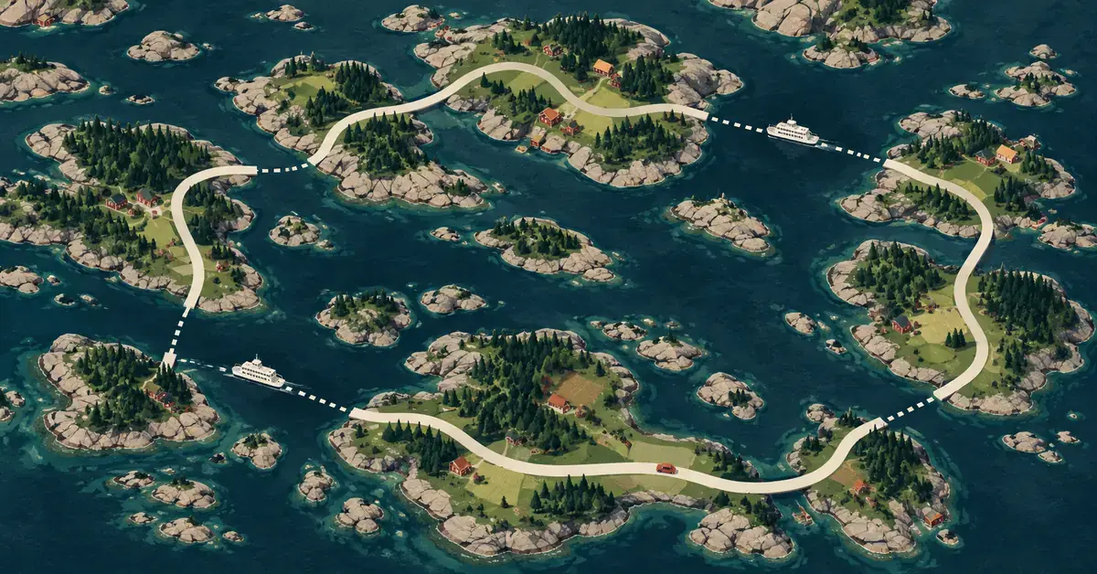 Havainnekuva Saariston rengastiestä, jossa tiet ja lauttayhteydet muodostavat lenkin metsäisten saarten ja pienten kylien halki.