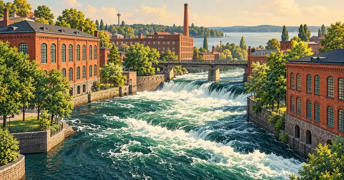 Kesäinen kuvitus Tampereen Tammerkoskesta, jonka kuohuvaa vettä reunustavat punatiiliset tehdasrakennukset ja vehreät puut.