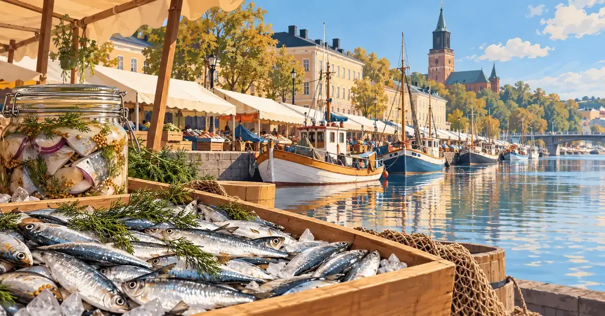Kuvitus Turun Aurajoen kalamarkkinoista, jossa etualalla on silakoita ja kalasäilykepurkki sekä taustalla kalastajaveneitä, markkinakojuja ja Turun tuomiokirkko.