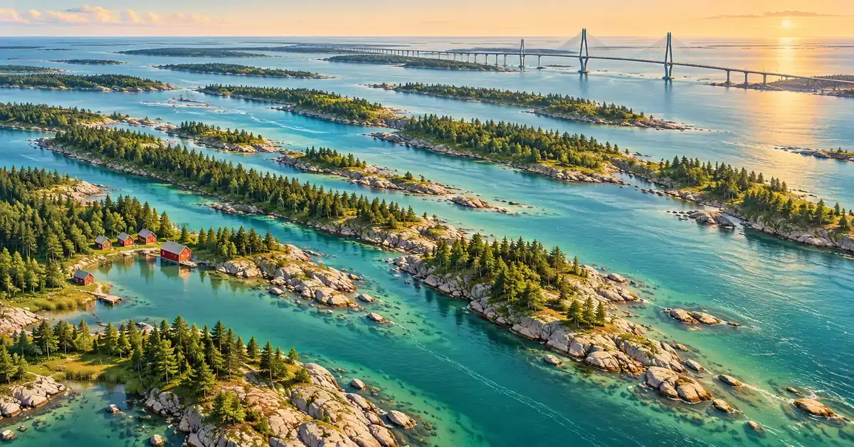 Kesäinen kuvitus Merenkurkun kivikkoisista, metsäisistä saarista, punaisista rantamökeistä ja taustalla meren ylittävästä sillasta.