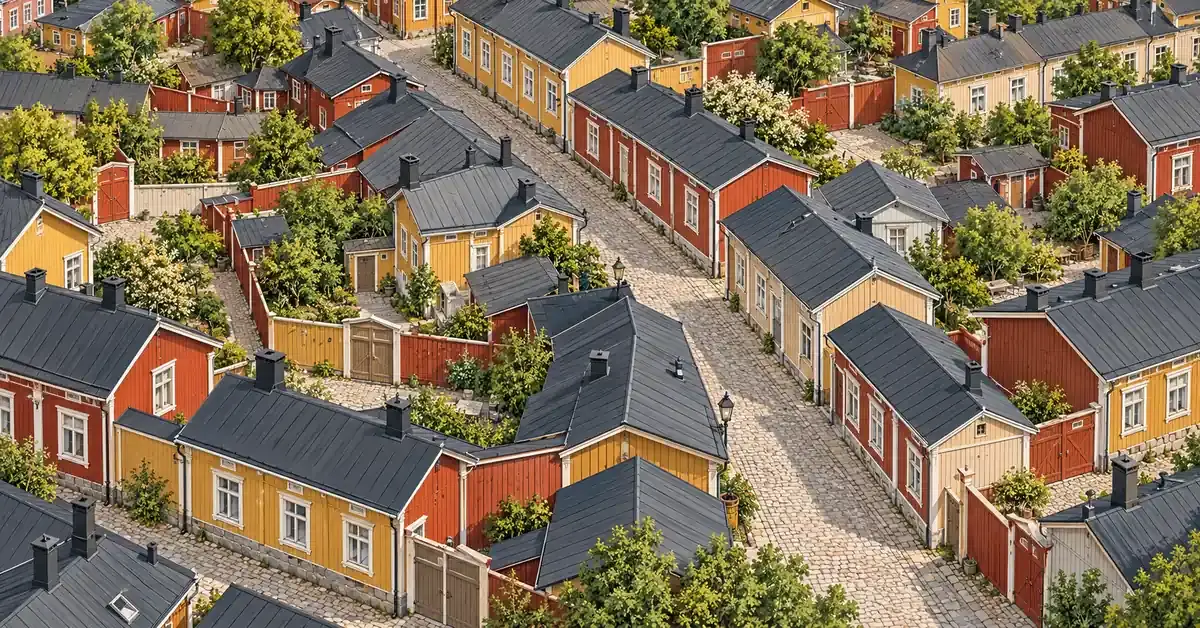 Lintuperspektiivistä kuvattu kuvitus Vanhan Rauman tiiviistä puutalokortteleista, mukulakivikaduista ja vehreistä sisäpihoista.