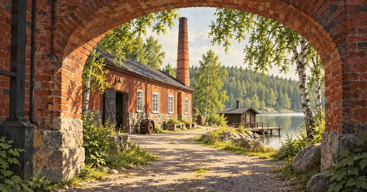 Kesäinen kuvitus Varsinais-Suomen ruukkimiljööstä, jossa tiilikaaren läpi näkyvät vanha ruukkirakennus, koivut ja järvenrantasauna laitureineen.